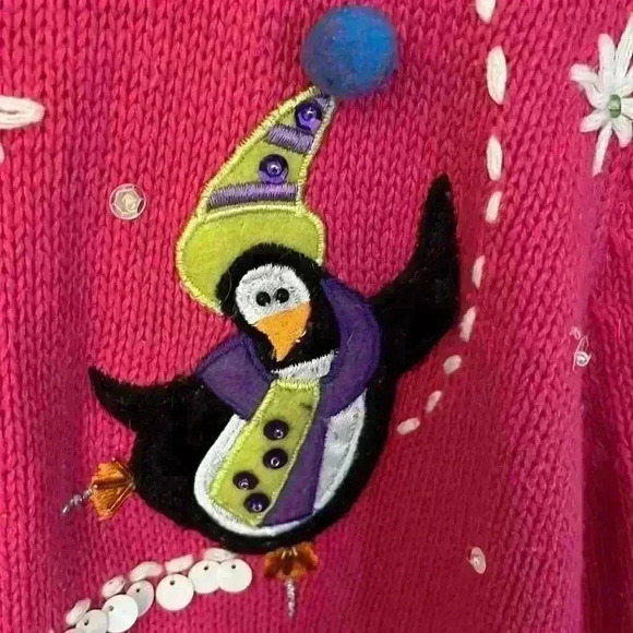 Tiara International Christmas Collection Ugly Sweater Penguins Zip Cardigan XL - Picture 3 of 7